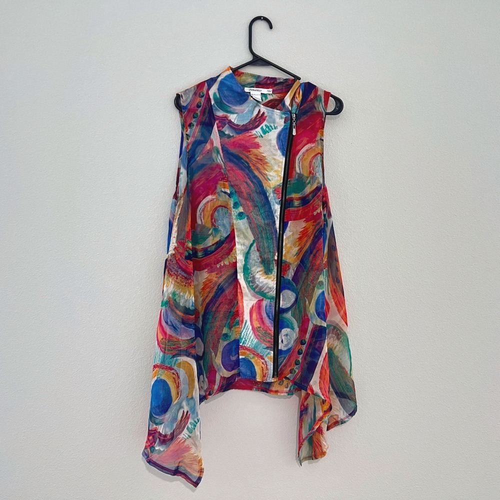 Feratelli Womens Vest Multicolor Abstract Print Size L Asymmetrical‎ Zip Sheer